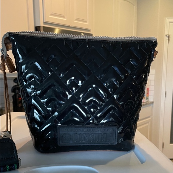 Consuela Black Patent Leather Bag with Tan and Green Accents - Picture 2 of 7